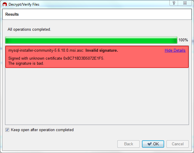 The Decrypt/Verify Results: Bad