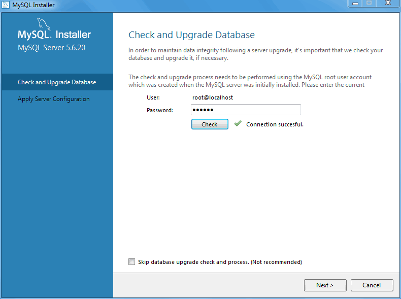 MySQL Installer - Check and Upgrade Database
