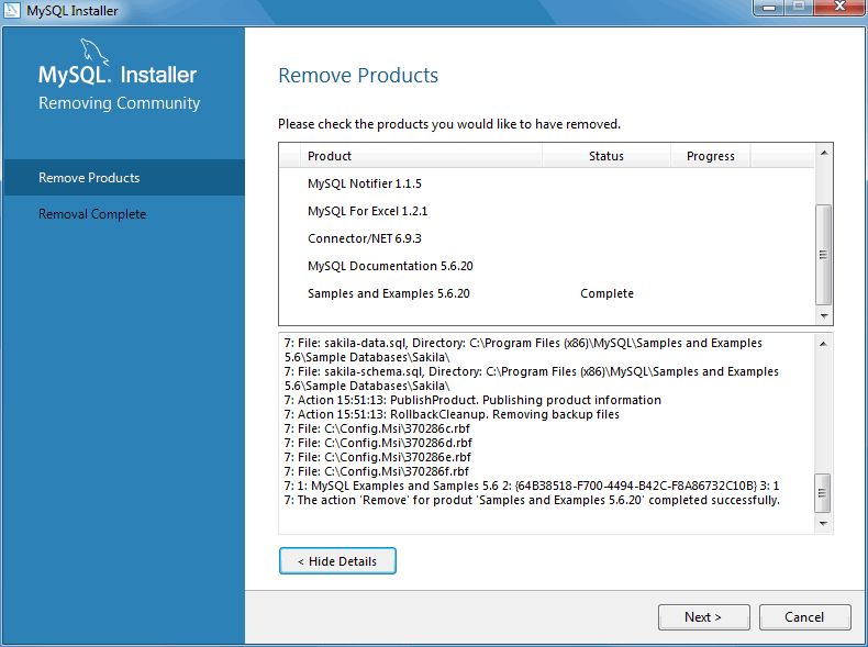 MySQL Installer - Removing Products: Executed