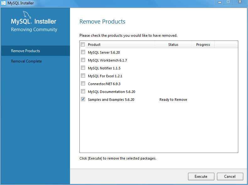 MySQL Installer - Removing Products: Select
