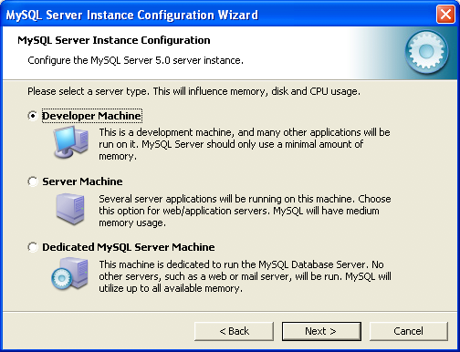 MySQL Server Instance Configuration Wizard: Server Type