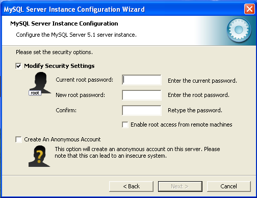 MySQL Server Instance Config Wizard: Security (Existing Installation)